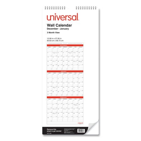 Universal Three-Month Wall Calendar, White/Black/Red, 12 x 27, 2021 71003